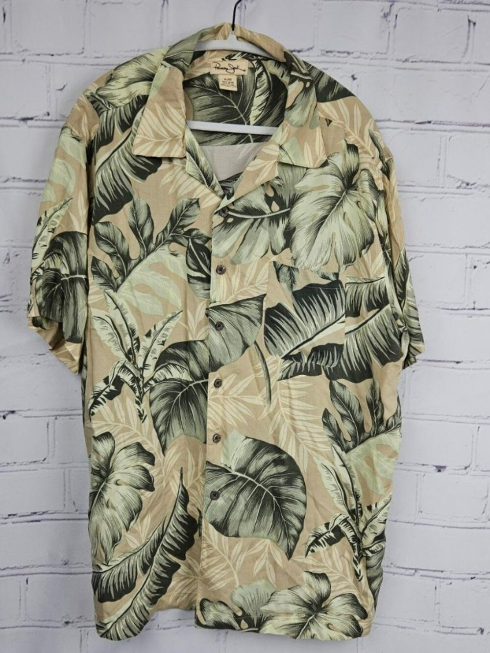 Tommy Bahama Mens XXL Tropical Leaf Rayon Shirt Khaki Relaxed Fit Button Up